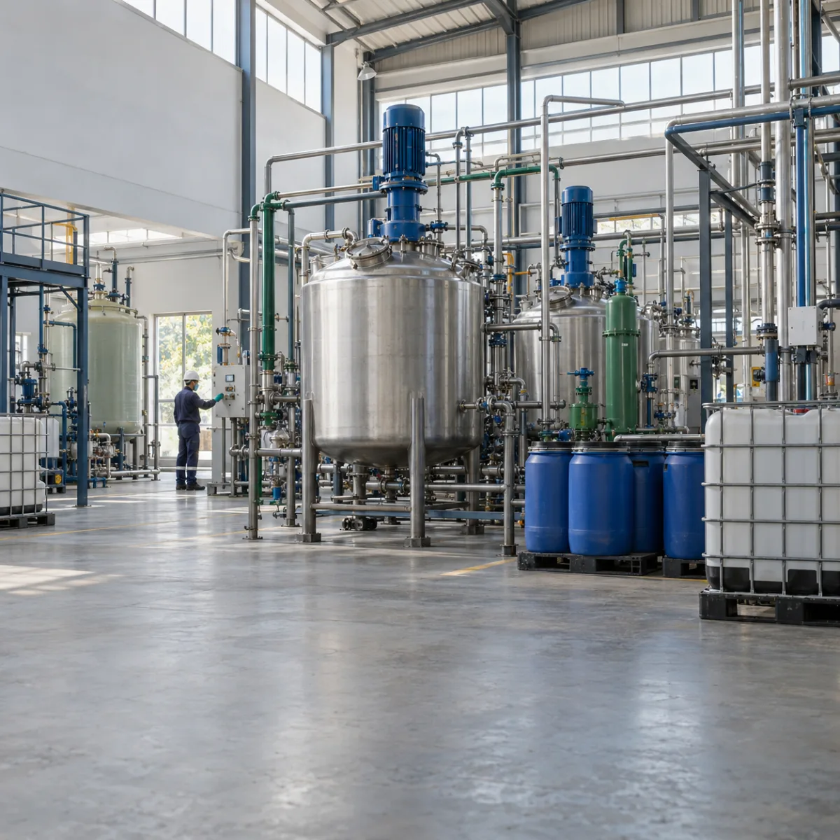 Generated illustration of industrial chemical processing tanks and equipment